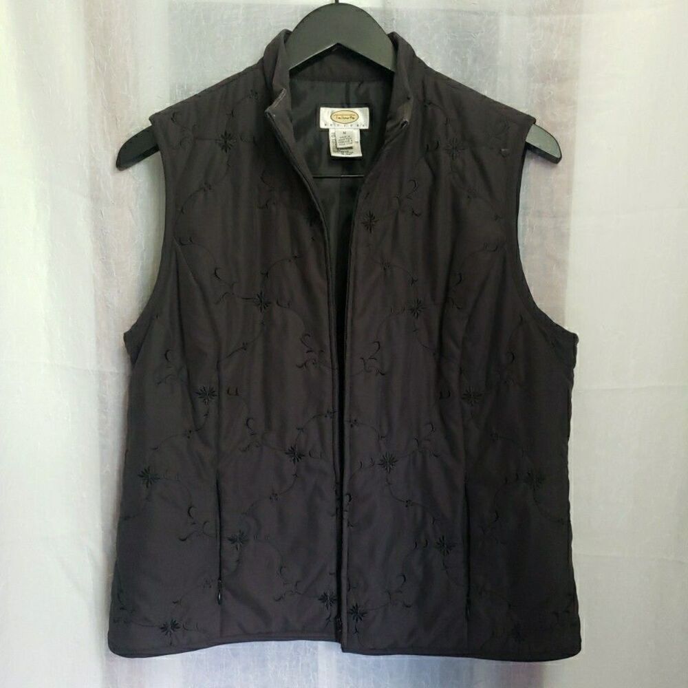 Talbots Lightweight Embroidered Black Vest Zip up Whimsgoth Grunge Gothic Size M